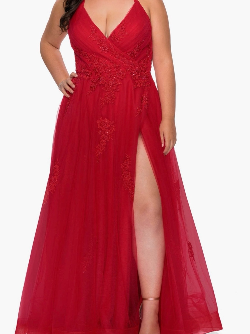 La Femme Red V-Neck Prom Gown with High Slit